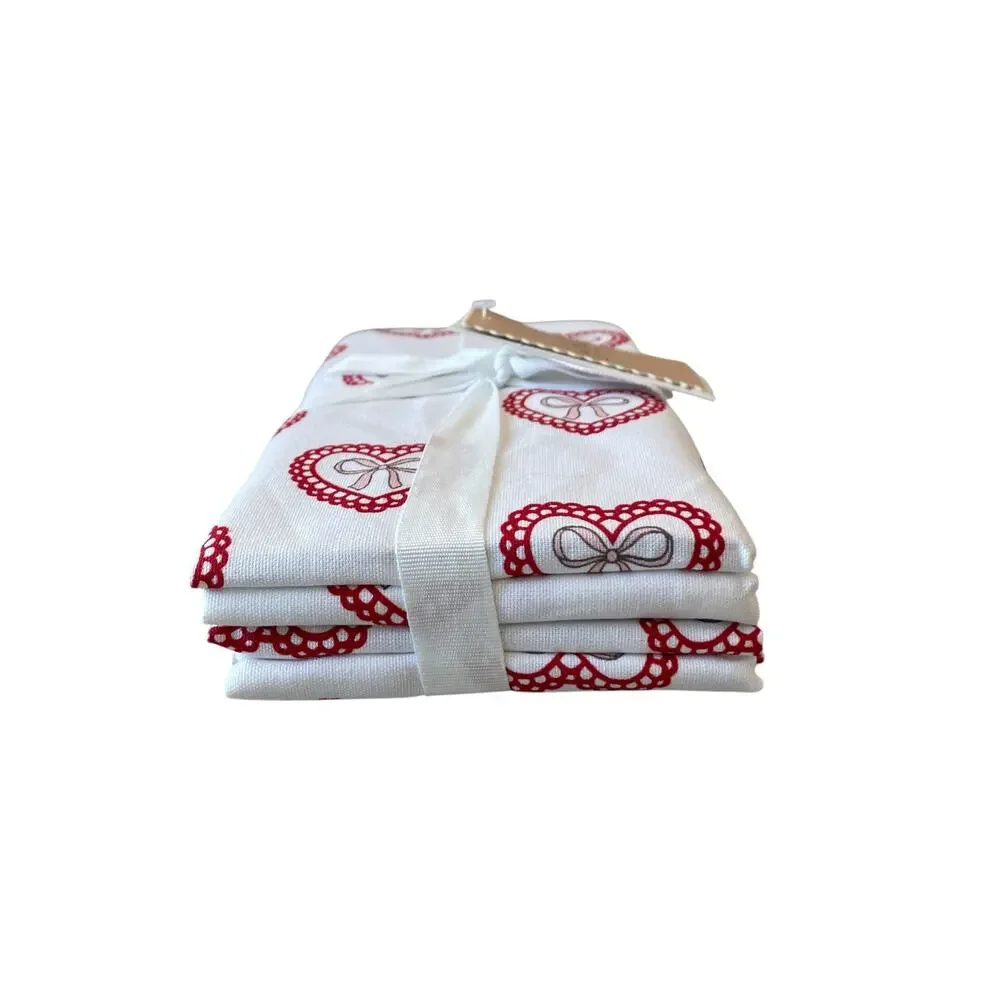 Valentine Heart Cloth Napkins 18x18 Cotton Pink Red White Set of 4 XO Love NEW